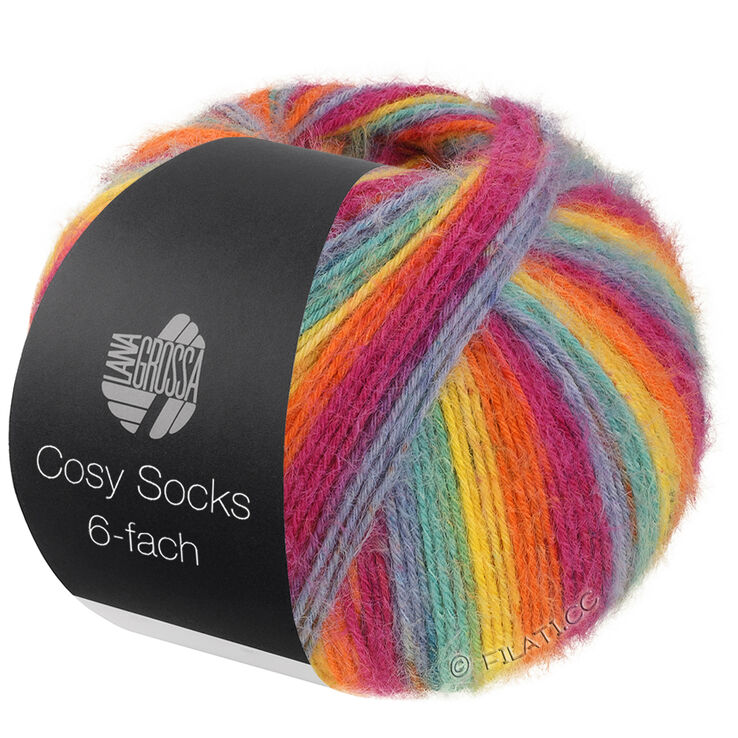 Lana Grossa MEILENWEIT 6-FACH 150g Cosy Socks Multi Stripes | 2201-røykblå/turkis/gul/oransje/fuksia